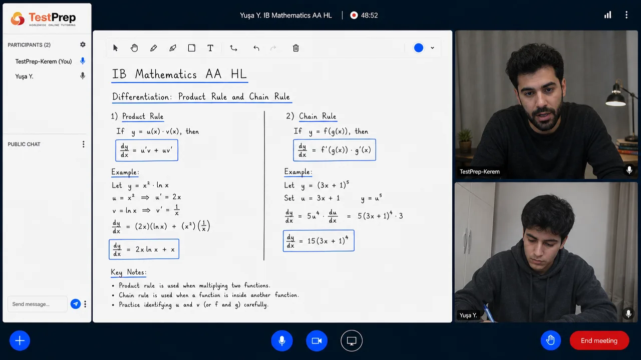 IB Mathematics AA HL dersinde tahtada çarpım kuralı ve zincir kuralıyla türev alma örneklerinin adım adım çözümü