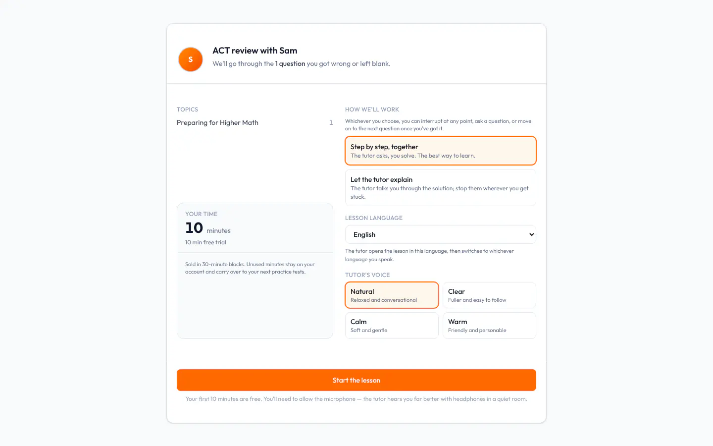 AI Tutor start screen: how many questions there are to go over and their topics, the time left, and the choice of lesson mode, language and voice.
