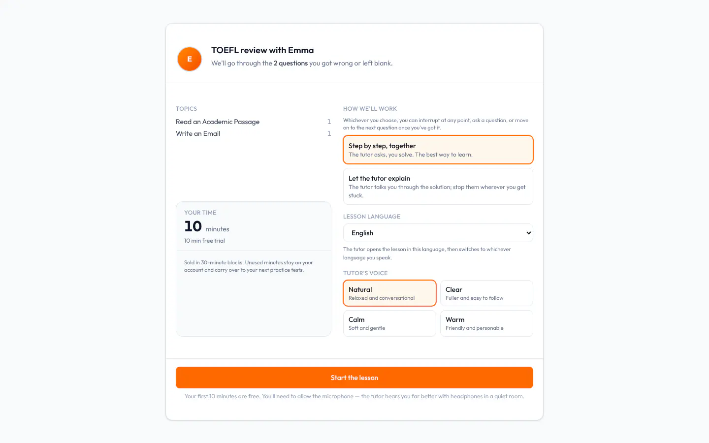 AI Tutor start screen: how many questions there are to go over and their topics, the time left, and the choice of lesson mode, language and voice.