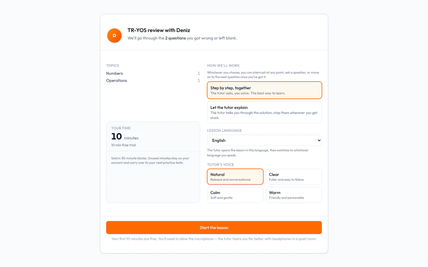 AI Tutor start screen: how many questions there are to go over and their topics, the time left, and the choice of lesson mode, language and voice.