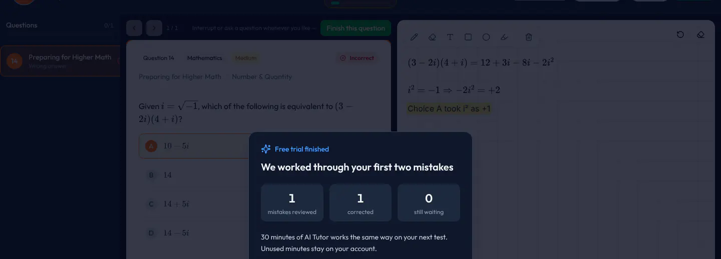 Free-trial-finished panel: how many mistakes were reviewed and corrected, how many are still waiting, and the note that 30 minutes pick up where you left off.
