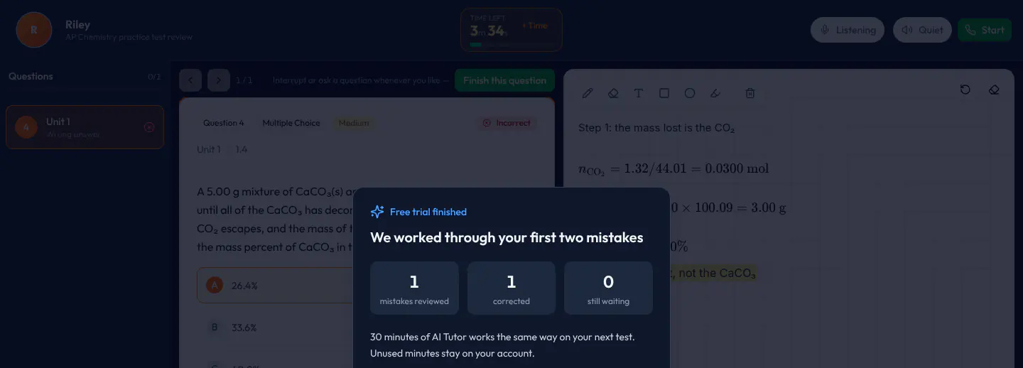 Free-trial-finished panel: how many mistakes were reviewed and corrected, how many are still waiting, and the note that 30 minutes pick up where you left off.