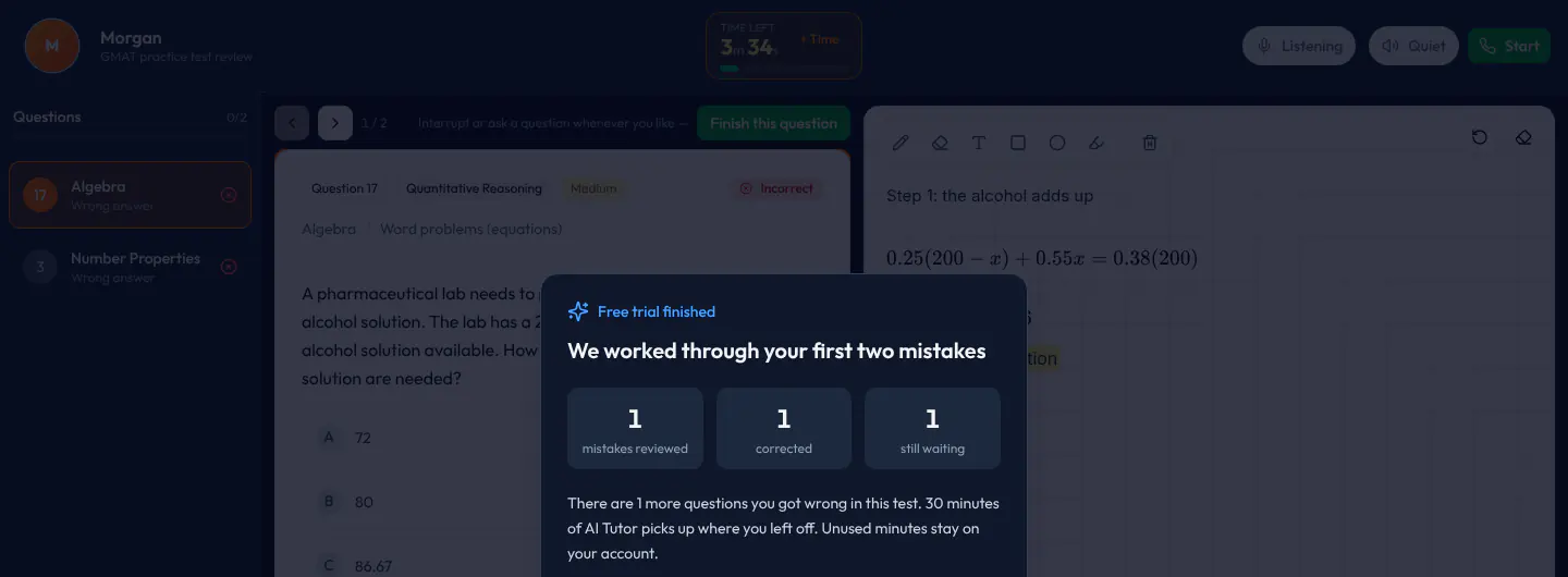 Free-trial-finished panel: how many mistakes were reviewed and corrected, how many are still waiting, and the note that 30 minutes pick up where you left off.