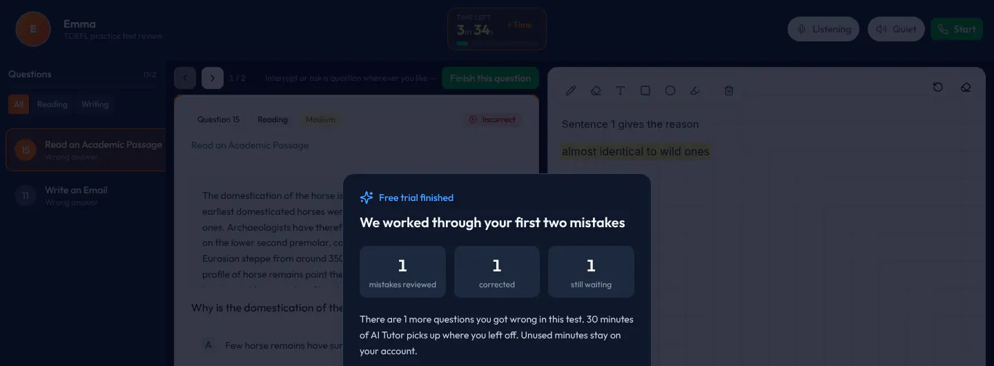 Free-trial-finished panel: how many mistakes were reviewed and corrected, how many are still waiting, and the note that 30 minutes pick up where you left off.
