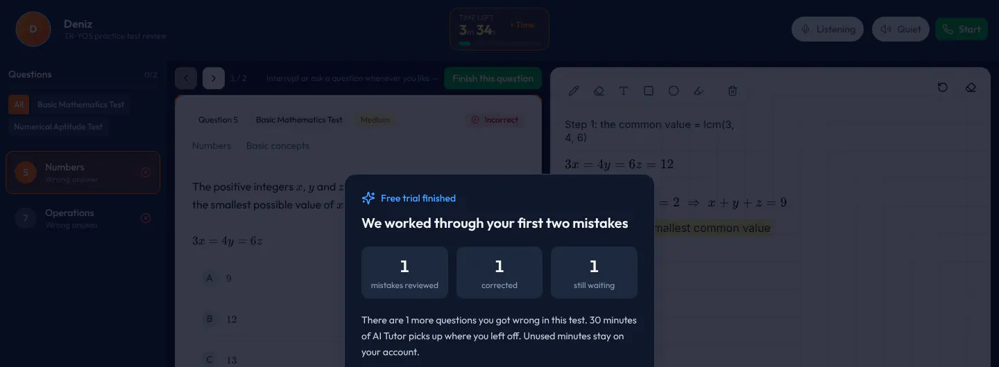 Free-trial-finished panel: how many mistakes were reviewed and corrected, how many are still waiting, and the note that 30 minutes pick up where you left off.