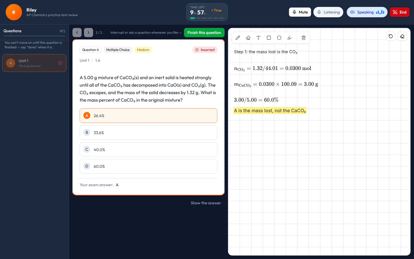 AI Tutor lesson screen: the wrong and blank questions on the left, an AP Chemistry multiple-choice question (the mass percent of CaCO₃ in a mixture) in the middle, and the tutor's steps written one under another on the board on the right.