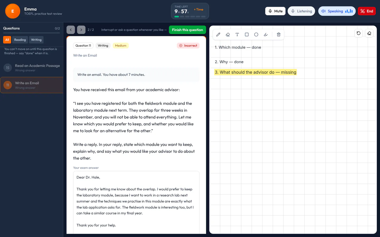 AI Tutor lesson screen: the wrong and blank questions on the left, a TOEFL Write an Email task with the student's reply and its score in the middle, and the tutor's notes on the board on the right.