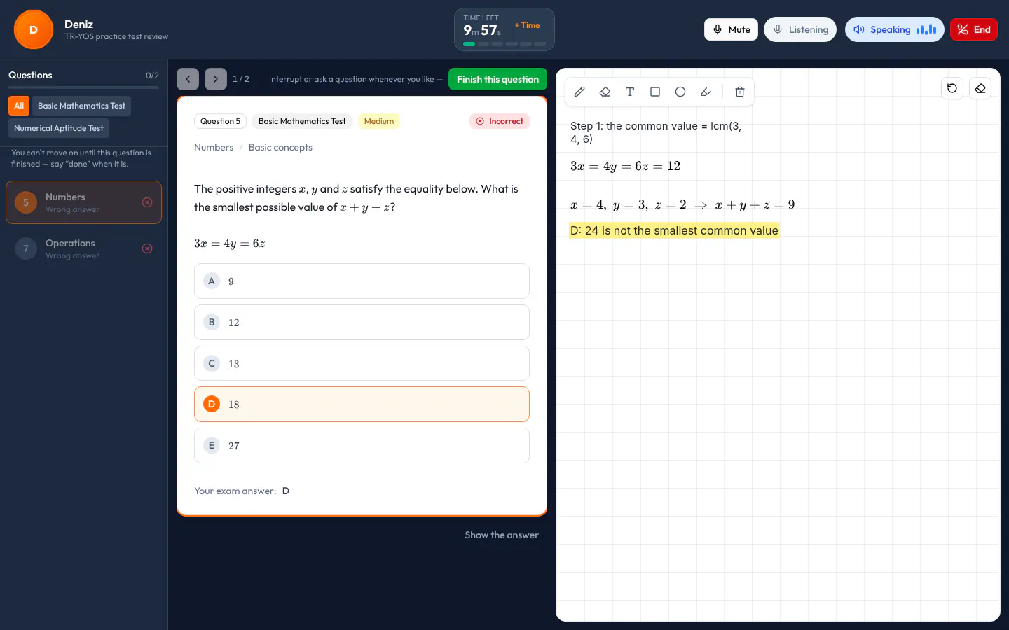 AI Tutor lesson screen: the wrong and blank questions on the left, a TR-YOS Basic Mathematics question (the smallest x + y + z with 3x = 4y = 6z) in the middle, and the tutor's steps written one under another on the board on the right.